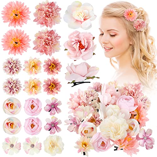 BBTO 21 Pcs Flower Hair Clip Rose Hair Clips Barrettes for Women Flower Accessories Boho Bride Claw Clip Hairpin Brooch Pin Headpiece for Wedding(Pink, White)