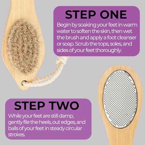 Dermasuri - 4 in 1 Exfoliating Foot Scrub Kit - Multi Purpose Foot Care - Natural Bamboo Pedicure Foot Spa Kit - Pumice Stone Callus Remover - Stainless Steel File, Sand Paper Surface, & Dry Brush