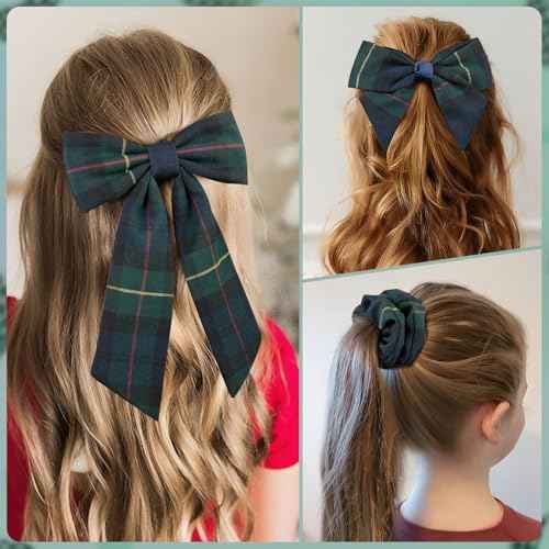 DEEKA 5 Styles Uniform Plaid Long Tail Hair Bows Knotted Headband Scrunchies Bow Set Alligator Clips Back to School Accessories for Toddler Little School Girls (Dark Green, Navy, Red&Yellow 5 Styles)