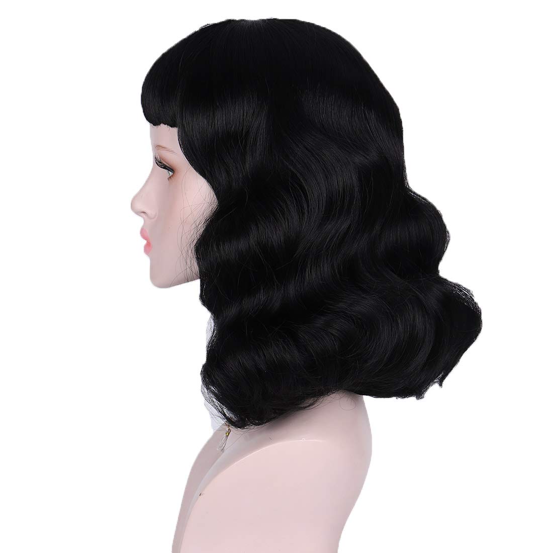 Bybrana Hair 50s Rockabilly Vintage Wavy Black Wig With Bangs - Bettie Page Wig for Woman - Cosplay & Daily Use (14'')
