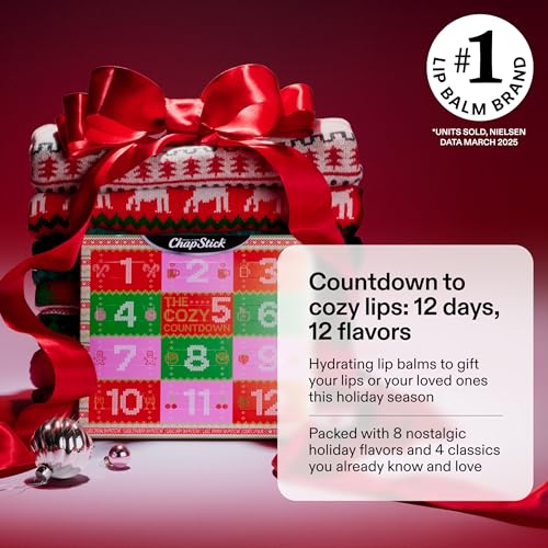 ChapStick 12 Days Advent Calendar Lip Balm Holiday Gift Set, Moisturizing Daily Lip Care For Dry, Chapped Lips, Soothing Hydration, Limited Edition Cozy Flavors, 12 Pack Variety, 0.15 OZ EA