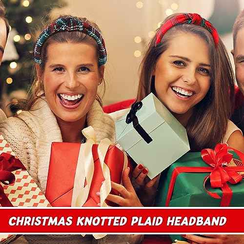 Yilloog 12 Pcs Christmas Knotted Retro Hair Band Snowflake Buffalo Plaid Headband Green Red for Women Wide Accessories Holiday Hoop Hairband for Yoga Run Work