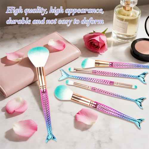 6 Piece Mermaid Makeup Brush Set Cute Girl Makeup Brush Set Beauty Makeup Tools Female Beauty Concealer Cream Brush, Suitable for Girls, Teenagers and Children Gifts (Colour1)