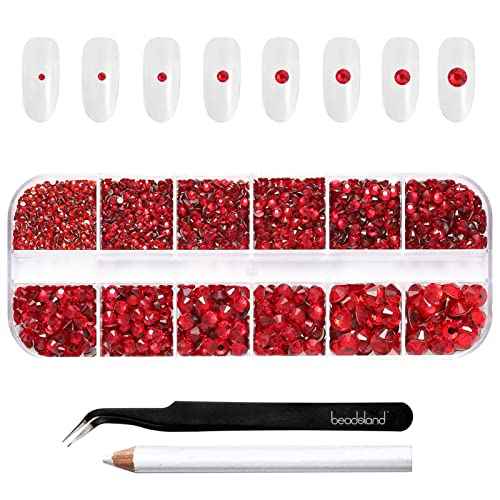 Beadsland Rhinestones for Makeup,8 Sizes 2500pcs Red Flatback Rhinestones Eye Gems for Nails Crafts with Tweezers and Wax Pencil,Siam,SS4-SS30