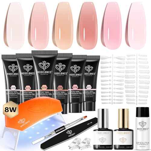 modelones Poly Gel Nail Kit 6 Colors with 8 W Nail Lamp Extension Gel Kit Jelly Milky White Pink Nude Complete Tools Beginner Thickening Solutions DIY at Home for Women
