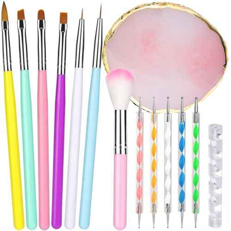 FANDAMEI Nail Tools Kit, 6PCS Nail Brushes for Nail Art, 1PCS Resin Nail Polish Palette, 1PCS Nail Clean Up Brushes, 5PCS Dotting Pen Nail Design Tools, Nail Polish Mixing Palette Nail Art Tools