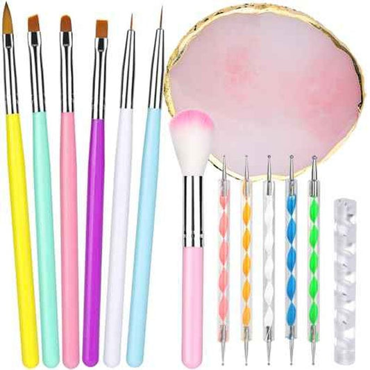 FANDAMEI Nail Tools Kit, 6PCS Nail Brushes for Nail Art, 1PCS Resin Nail Polish Palette, 1PCS Nail Clean Up Brushes, 5PCS Dotting Pen Nail Design Tools, Nail Polish Mixing Palette Nail Art Tools