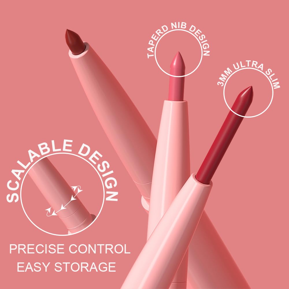 KIMIEYE 12 Colors Retractable Lip Liner Kit for Define & Sculpting Lips Shades, Long Lasting Waterproof High Pigment Matte Finish Creamy Texture Lip Liner Pencil Set for Women