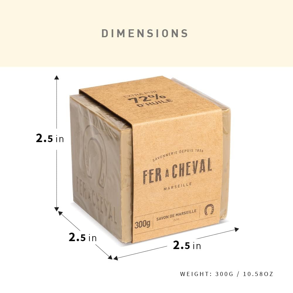 Fer à Cheval Olive Oil Soap Cube - Traditional French Artisan Soap, Palm Oil Free | 300g/10.58oz (2 Pack)