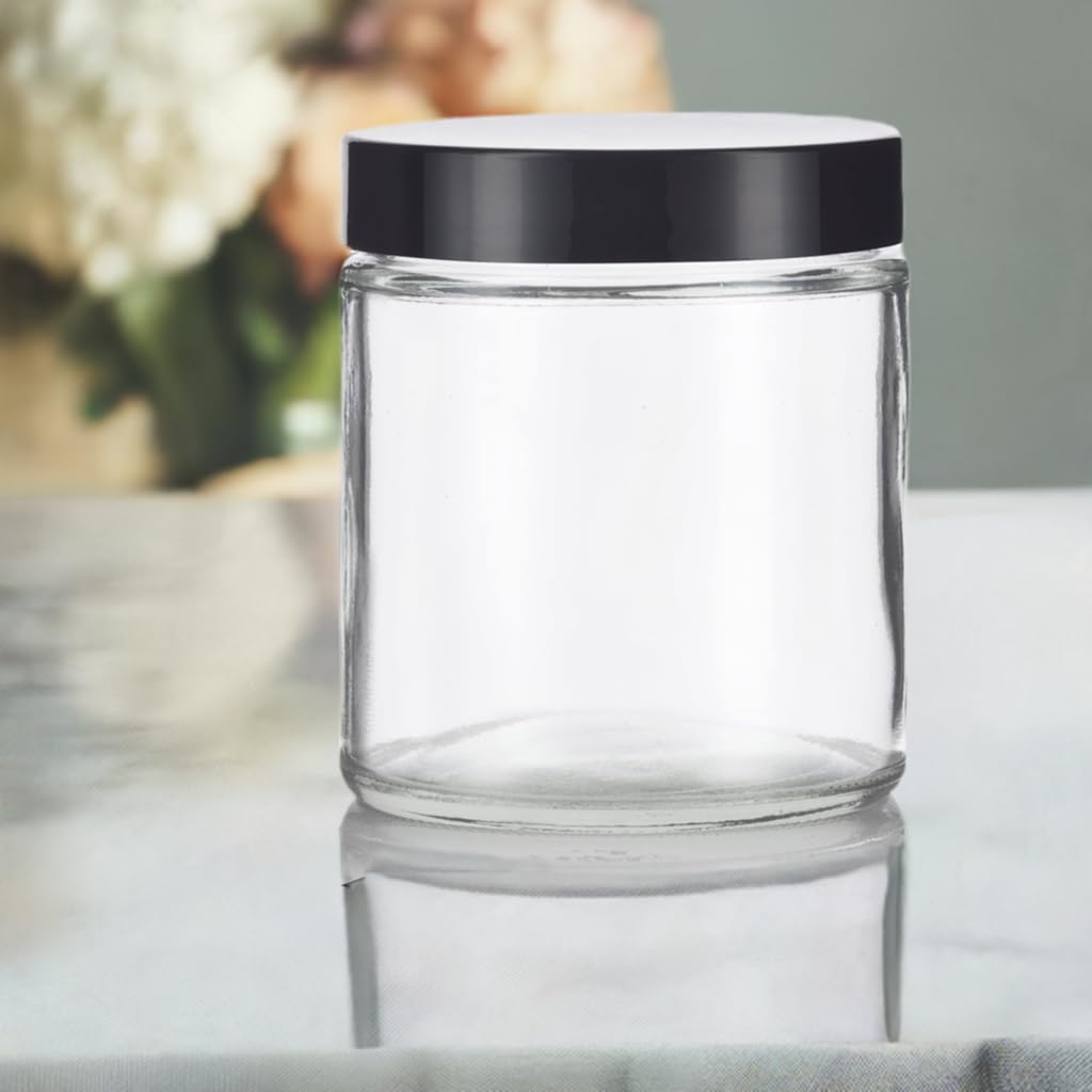 16 oz Clear Thick Glass Jar with Black Foam Lined Lid (6 pack)