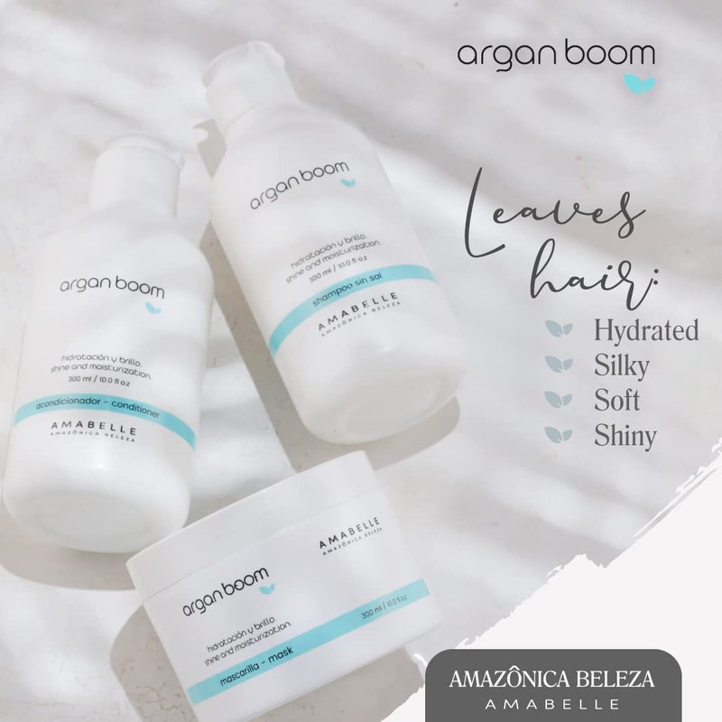 AMAZONICA BELEZA Argan Oil Hair Shampoo, Conditioner and Mask for Intense Moisturizing, Hydrate & Repair Kit for Dry Hair, Kit Hidratante con Oleo de Argan y Vitamina E, (10 Oz/each)