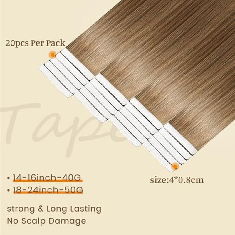 DNE Tape in Hair Extensions Real Human Hair 16inches 20Pcs/40g/Pack Seamless #M4/27Chocolate Brown to Honey Blonde Straight Invisible Double Sided Tape in Hair Extensions for Women/Girls