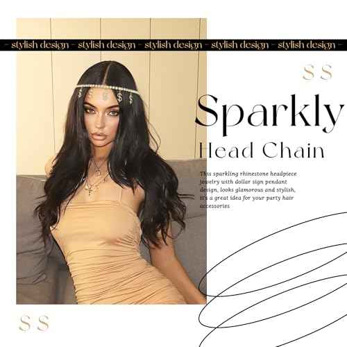 Gold Headpiece Dollar Sign Head Chain Bling Money Dangle Rhinestone Head Jewelry Sparkly Prom Party Hair Accessories for Women Girls