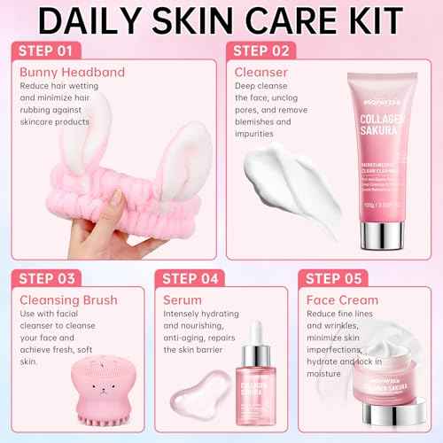 Sakura Skin Care Set for Teen Girls, Skincare Gift Set for Teens 10-12, Hydrating & Soothing, 5 Pcs Collagen Skincare Routine Kit for Women with Cleanser, Serum, Cream, Bunny Headband, Cleansing Brush