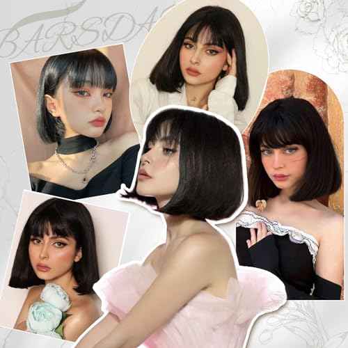 BARSDAR Short Black Bob Wig With Bangs - Short Black Bob Wig With Bangs for Women - 12 Inch Chin-Length Natural Looking Soft Synthetic Hair Replacement Daily Halloween Velma Kelly Mia Wallace Wigs