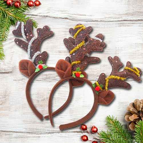 12 Pcs Reindeer Antlers Headband, Glitter Sequins Christmas Ears Headband, Deer Hairbands for Kids & Adults, Perfect for Holiday Photo Booth Props & Party Favors