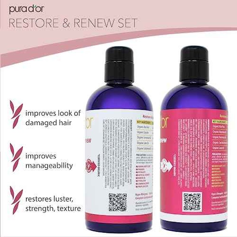 PURA D'OR Restore & Renew Shampoo (16oz) Hair Protection from Dye, Extensions and Heat Tools, Infused with Organic Aloe Vera, Rosemary Leaf Oil, Sea Buckthorn Fruit Oil, & Cacay Seed Oil