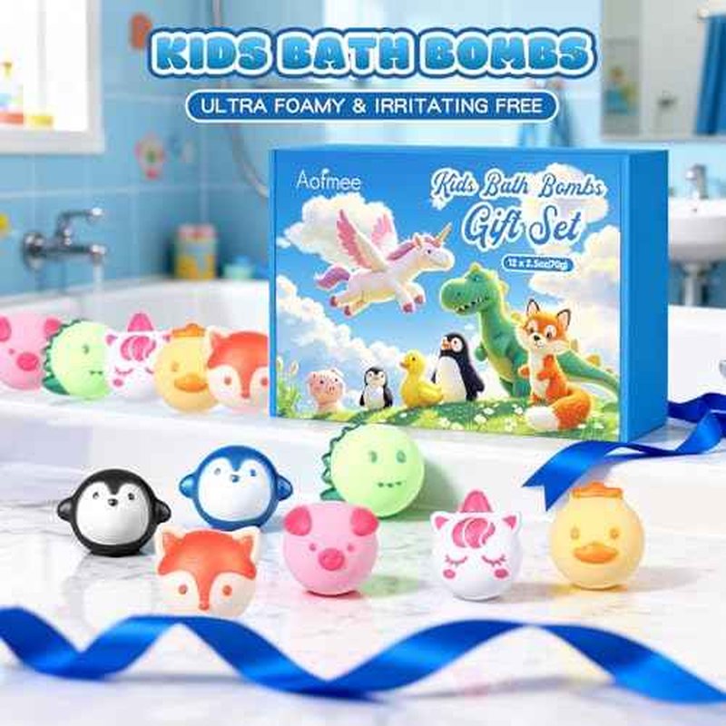 Aofmee Bath Bombs for Kids, 12 Pcs Kids Bath Bombs with Essential Oil, 6 Animal Shapes and Fruity Aroma, Natural Organic Spa Gift Set for Boys Girls, Birthday Christmas Halloween