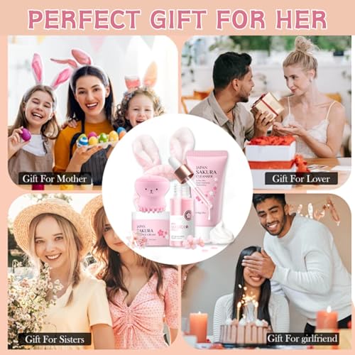 Skincare Set Sakura Teen Girls Gifts - Skin Care Set - Skincare for Teens 10-12 Hydrating - Travel Size Facial Kit for Women with Cleanser,Serum,Cream,Bunny Headband,Cleansing Brush£¨5pcs£©