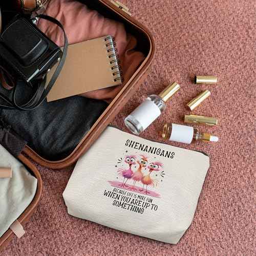 Funny Pink Flamingo Makeup Bag, Flamingo Gifts for Women, Pink Flamingo Gifts, Shenanigans Because Life is More Fun When You Up to Something Cosmetic Bags Toiletry Bag