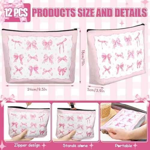 Reginary 12 Pcs Pink Bow Makeup Bags Coquette Bow Cosmetic Bags with Zippers Coquette Party Favors Pink Aesthetic Elegant Pouch Bulk Gifts for Women Stuff Christmas Birthday Supplies Travel Accessory
