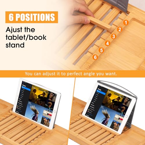 Artmalle Luxury Bathtub Caddy Tray for Tub - Foldable Bamboo Bath Table Tray with Book and Wine Glass Holder, Expandable Bathroom Accessories for Spa or Reading Lite Style