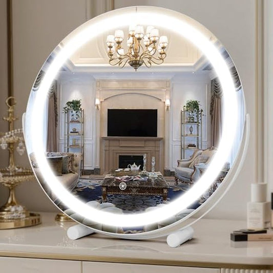 Vanity Mirror with Lights, 18" LED Makeup Mirror, HD Professional Mirror, Smart Touch with 3-Color Lighting, Dimmable, 360¡Æ Rotation, Lighted Up for Makeup Desk, Bedroom (White)