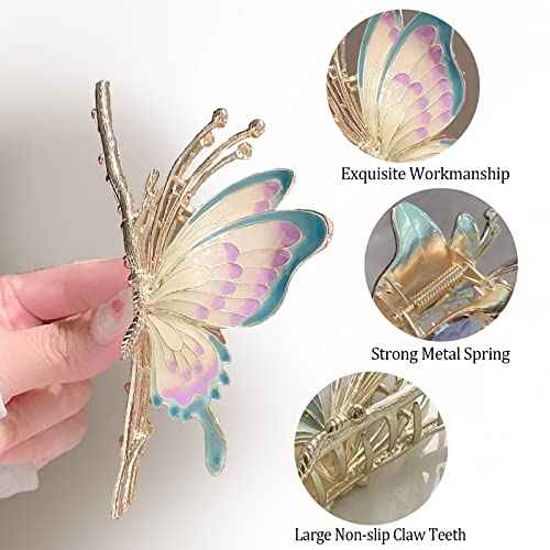 4Pcs Hair Clips for Women Large Non-Slip Strong Metal Hair Claw: Butterfly, Flower, Mermaid Sparkly Jaw Claws for Thick Hair