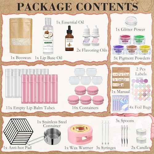 DIY Lip Balm Making Kit for Adults to Make Your Own Moisturizing Lip Balms with Natural Beeswax, Lip Base Oil, Essential Oil, Empty Lip Balm Tubes Jars, Birthday Christmas Mother¡¯s Day Gift