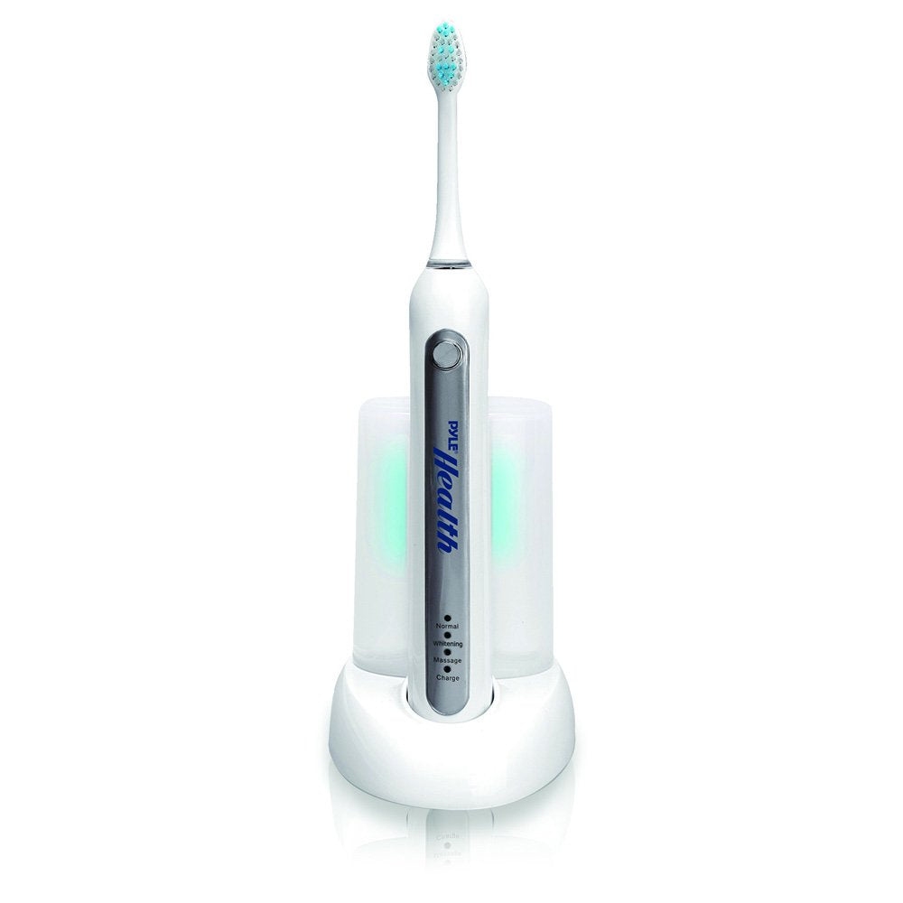 Pyle Wave Rechargeable Electric Toothbrush - w/ 3 Brush Mode, UV Light, 2 min Timer, 2 Oral Brush Heads, Charging Dock Holder - for Kids, Teens, Adults