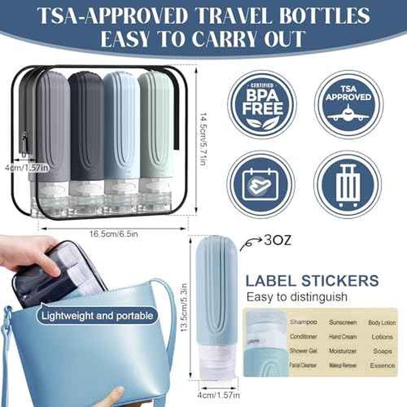 Travel Bottles for Toiletries, 3oz TSA Approved Travel Size Toiletries, Silicone Leak-Proof Refillable Containers, Squeezable Liquid Essentials Bottles W/Clear Bag (GRAY)