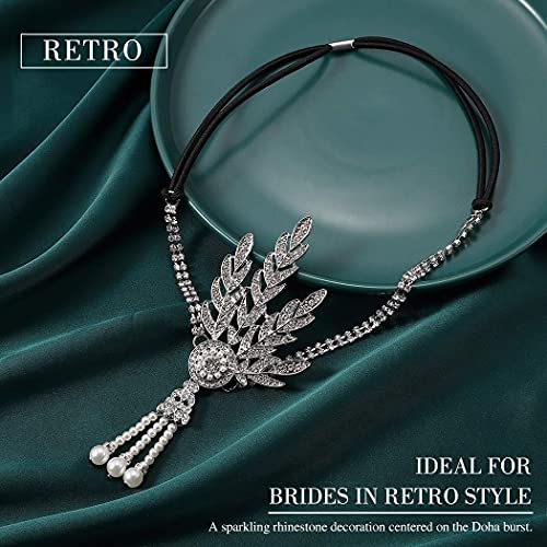 GORTIN 1920's Flapper Headband Leaf Rhiestones Headpiece Pearl Tassel Head Bands Bridal Flapper Hair Accessories Head Chain for Women (Sliver)