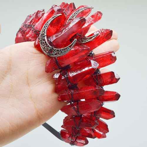 Bubbmi Red Raw Crystal Crown Headband, Natural Quartz Rhinestone Tiara Headpiece for Women Girls Christmas Party Photography Prop