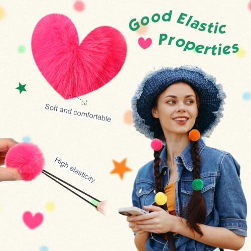 Juexica 8 Pcs Pom Pom Hair Ties Fluffy Elastic Hair Ties Accessories Ball Scrunchie Ball Christmas Pigtail, 4 Colors(Goose Yellow, Rose Red, Orange, Grass Green)