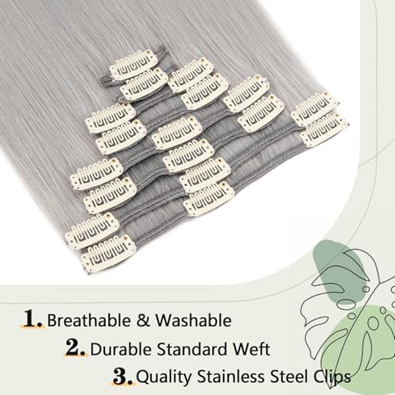 Clip in Hair Extensions Human Hair S-noilite Gray Human Hair Short Hair Clip in Extensions Full Head 8 Pieces/18 Clips 100% Real Human Hair Silky Straight 10"-70g Light Gray (#G1)
