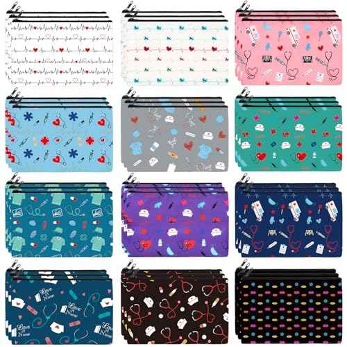 Hillban 36 Pcs Nurse Gifts for Women Makeup Bags Survival Kit Cosmetic Bags Birthday Christmas Gifts for Nurse Practitioner Nursing Zipper Pouch Supplies, 12 Styles