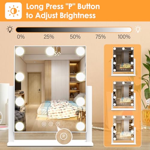 Vanity Mirror with Lights, Hollywood Lighted Makeup Mirror with 3 Color Lighting Modes and 9 Dimmable Bulbs, Detachable 5X Magnification, Smart Touch Control, 360¡ÆRotation, White