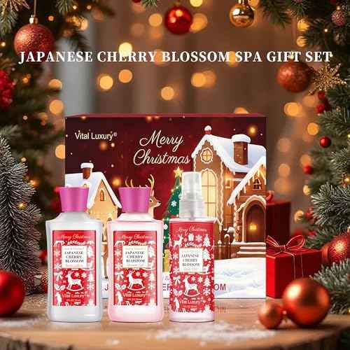 Christmas Bath and Body Gift Set - Festive Japanese Cherry Blossom Spa Kit with Gel, Lotion, Mist, a Must-Have Holiday Gift for Mom, Wife, Sister & Friends to Celebrate Christmas