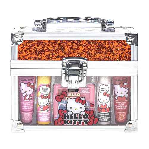Hello Kitty Beauty Mini Train Case Set Includes Lip Gloss Tube, Lip Balm, Lip Gloss Compact for Girls,for Parties, Sleepovers, Ages 3+ by Townley Girl