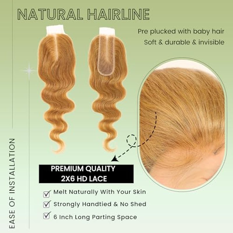 ALHER Color #27 Honey Blonde Long Deep Part 2x6 Lace Closure 16 Inch, Warm Brown Golden Blonde 2x6 Kim K HD Lace Closure Middle Part Pre Plucked With Baby Hair, 12A 100% Virgin Remy Human Hair Closure