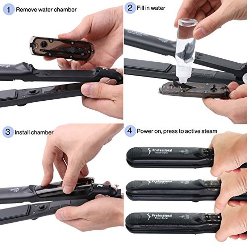 Steam Hair Straightener Flat Iron Professional Ceramic Tourmaline 2-in-1 Straightening Iron, Adjustable 300-450F Salon Heat, 110-220V Dual Voltage, Black