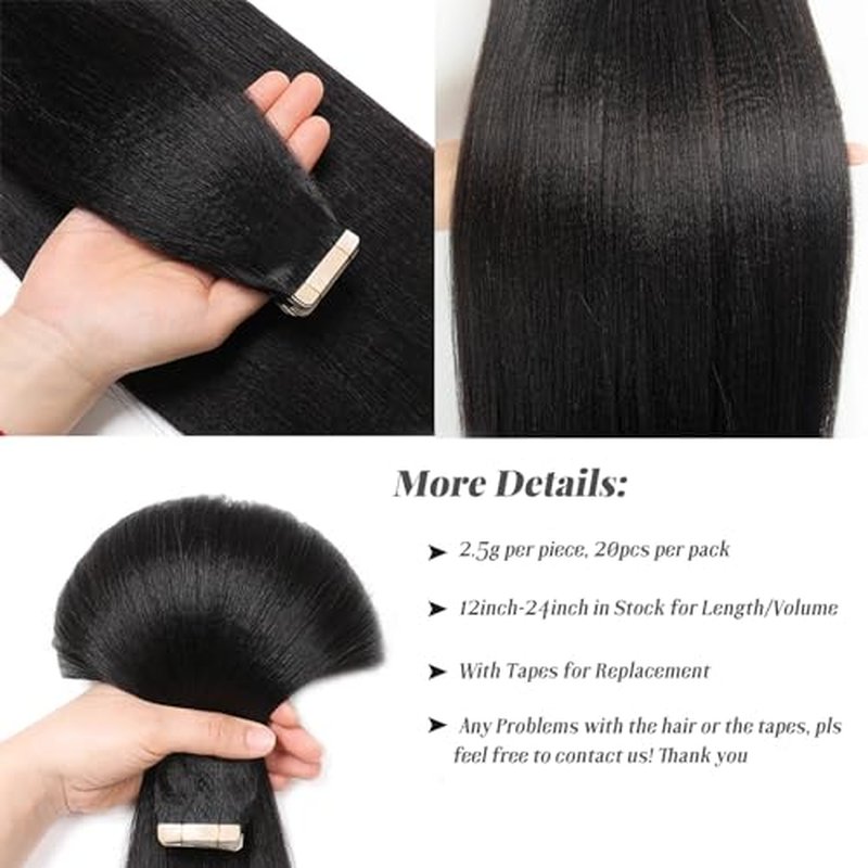 Tape in Hair Extensions Yaki Straight Real Human Hair Tape in Extensions - 24 Inch Long Straight Natural Color Human Hair Extensions Light Yaki Tape ins for Black Women
