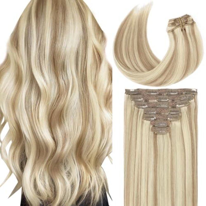Caliee Blonde Clip in Hair Extensions Real Human Hair,P10-613 Natural Human Hair Extensions Clip ins Real Human Hair for Women Full Head 120G with 16 Clips 7Pcs Lace Clip in hair 18Inch