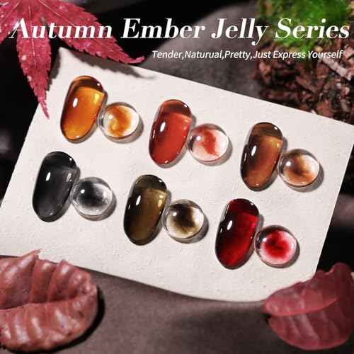Born Pretty Jelly Gel Nail Polish Fall Winter Amber Crystal Brown Orange Burgundy Red Black Gel Polish Transparent Translucent Clear Nail Art Manicure DIY Home Salon 6PCS