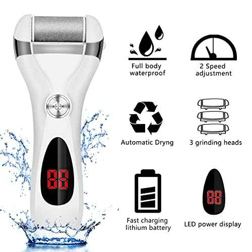 Electric Foot Callus Remover Kit, Elmchee Rechargeable Callous removers 3 Grinding Heads Waterproof Foot Scrubber File, Professional Pedicure Tools kit Feet Care for Dead, Cracked Dry Skin
