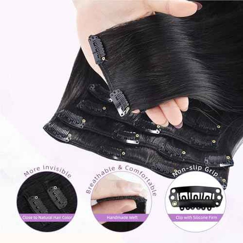 Clip in Hair Extensions Real Human Hair,100% Seamless Remy Human Hair Straight,Clip Extensions for Women, 8pcs Per Set with Double Weft,1B Natural Black,18inch 100g/3.5oz
