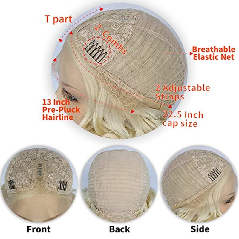 ANOGOL Hair Cap+ 13 * 1 Middle Part Light Blonde Lace Front Wig Synthetic Hair Short Curly 613 Blonde Bob Wigs Glueless Natural Hairline For Women
