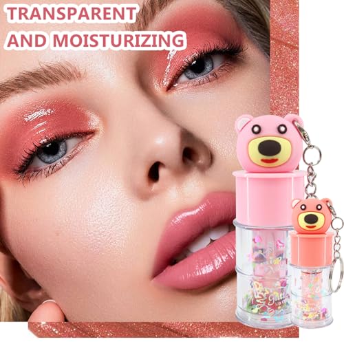 6 Pcs Hydrating Lip Gloss Set, Shimmer Glossy Moisturizing Lip Jelly Sequins and Sparkles Lip Make-Up for Kids and Teens Party Gift Cute Bear Keychain Design