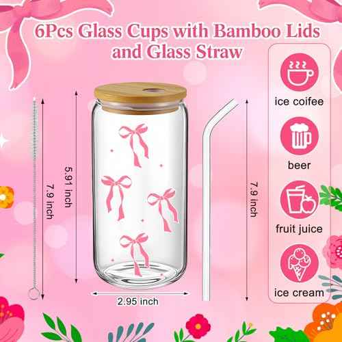 18 Pcs Pink Bow Glass Cups with Lids Coquette Bow Cosmetic Makeup Bag Pink Hair Scrunchies Ties for Women Birthday Wedding Gift Bridesmaid Bridal Valentines Christmas