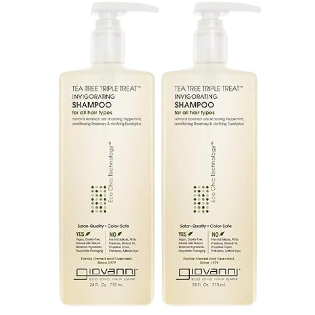 GIOVANNI Tea Tree Triple Treat Invigorating Shampoo - Cooling Peppermint, Eucalyptus & Rosemary, Strengthen & Rejuvenate Hair & Scalp, Salon Quality, Paraben Free, Tea Tree Shampoo - 24 oz (Pack of 2)